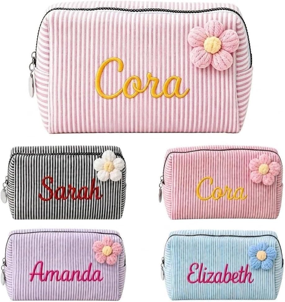 Personalized Seersucker Makeup Bag – Custom Embroidered Name Cosmetic Bag, Monogram Toiletry Pouch for Women, Bridesmaid Bridal Proposal Gift, Travel Organizer for Girls, Mom, Best Friend