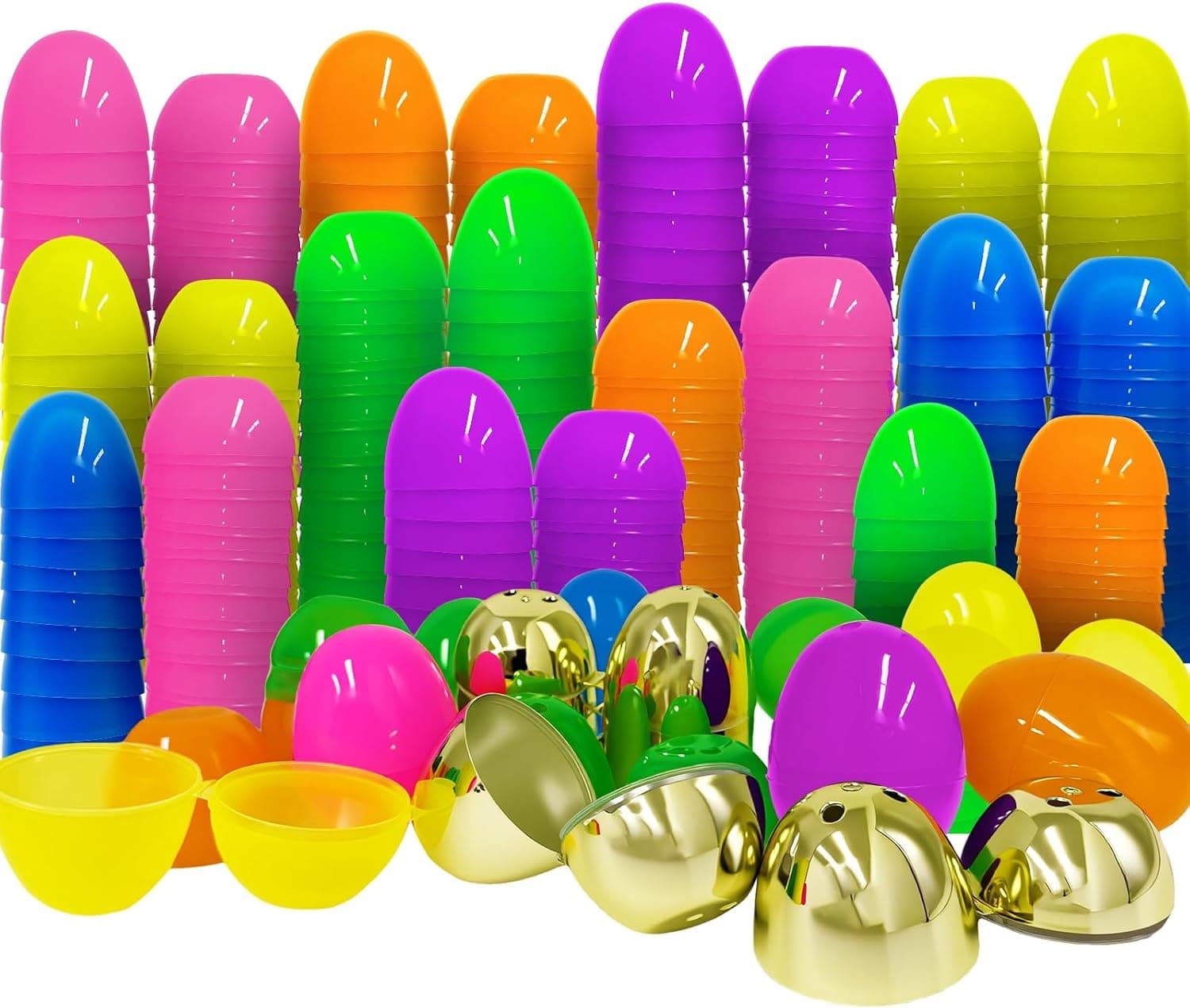 300 Pcs Plastic Easter Eggs Bulk Mega Pack (2.3") - Fillable Empty Easter Eggs with 6 Golden Eggs, 6 Bright Colors - Giant Easter Egg Hunt Event Supplies, Church & School Party Favors - image 1