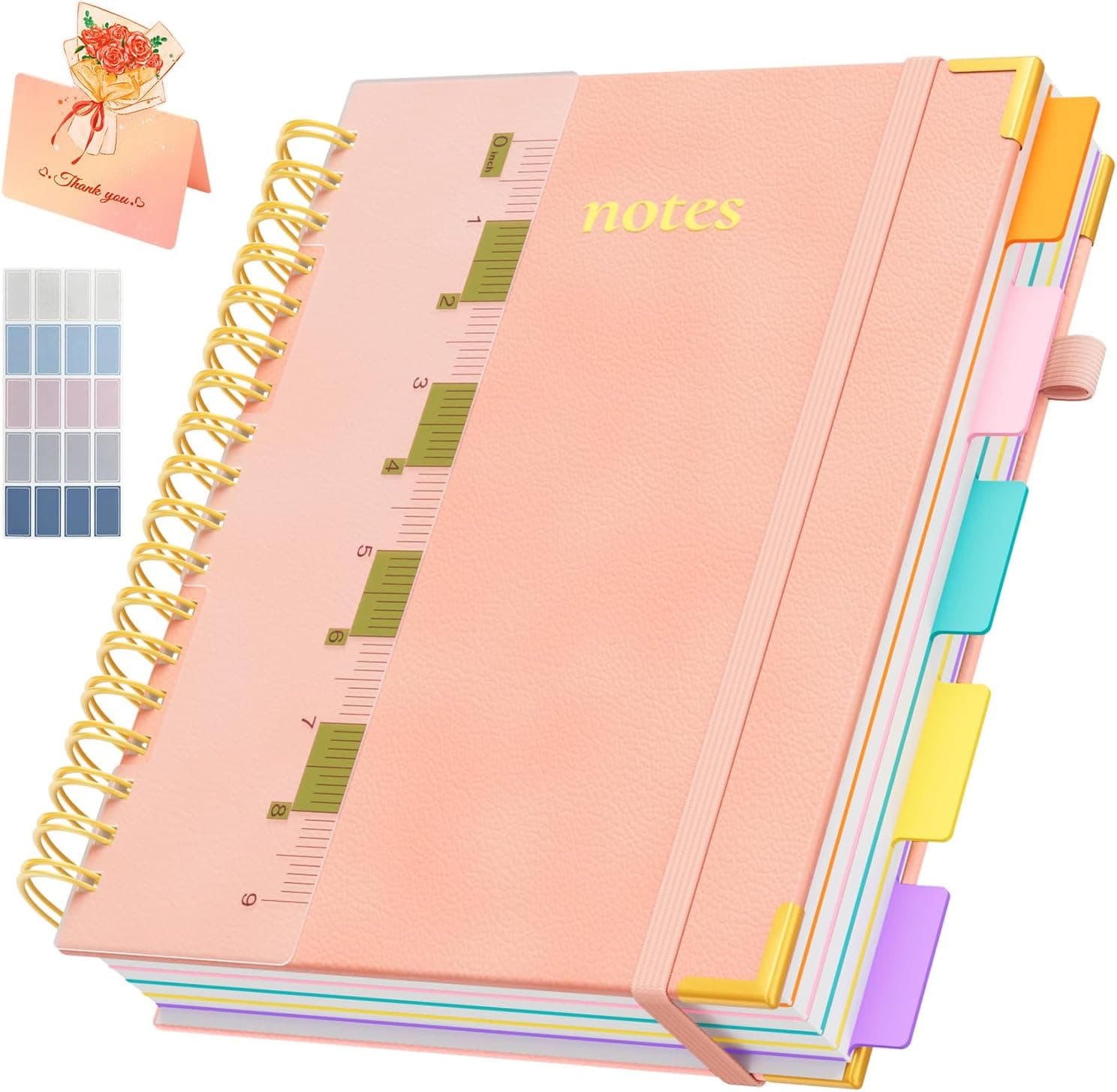 XYark B5 Hardcover Spiral Notebook, 5 Subject Notebook 300 Pages, 8"x10" College Ruled Notebooks with Removable Dividers Tabs & Ruler & Card, Lined Journal for Women Men School Work Office, Light Pink