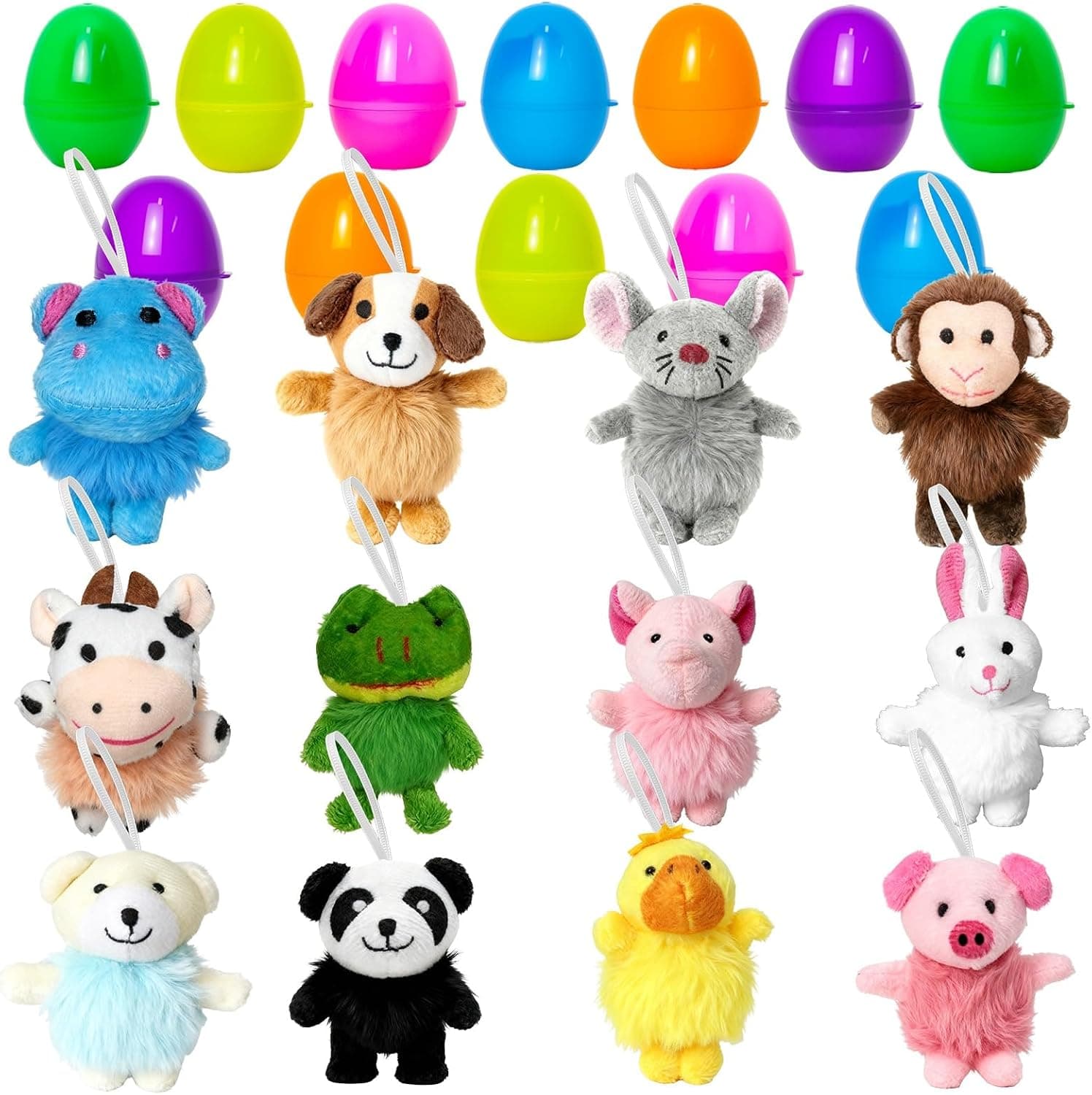 12 Pcs Pre Filled Easter Eggs with Mini Plush Toys, 2.8" Upright Shaped Stuffed Animals Keychain in Surprise Plastic Eggs, Ready to Hide Easter Basket Stuffers Party Favors for Kids - image 1