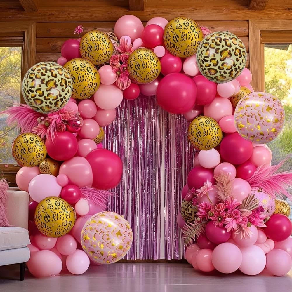Hot Pink Balloon Arch Kit, Double Stuffed Dark Light Pink Magenta Gold Cheetah Print Balloons Fringe Curtain for Birthday Baby Shower Graduation Bridal Wedding Safari Jungle Wild Party Decorations