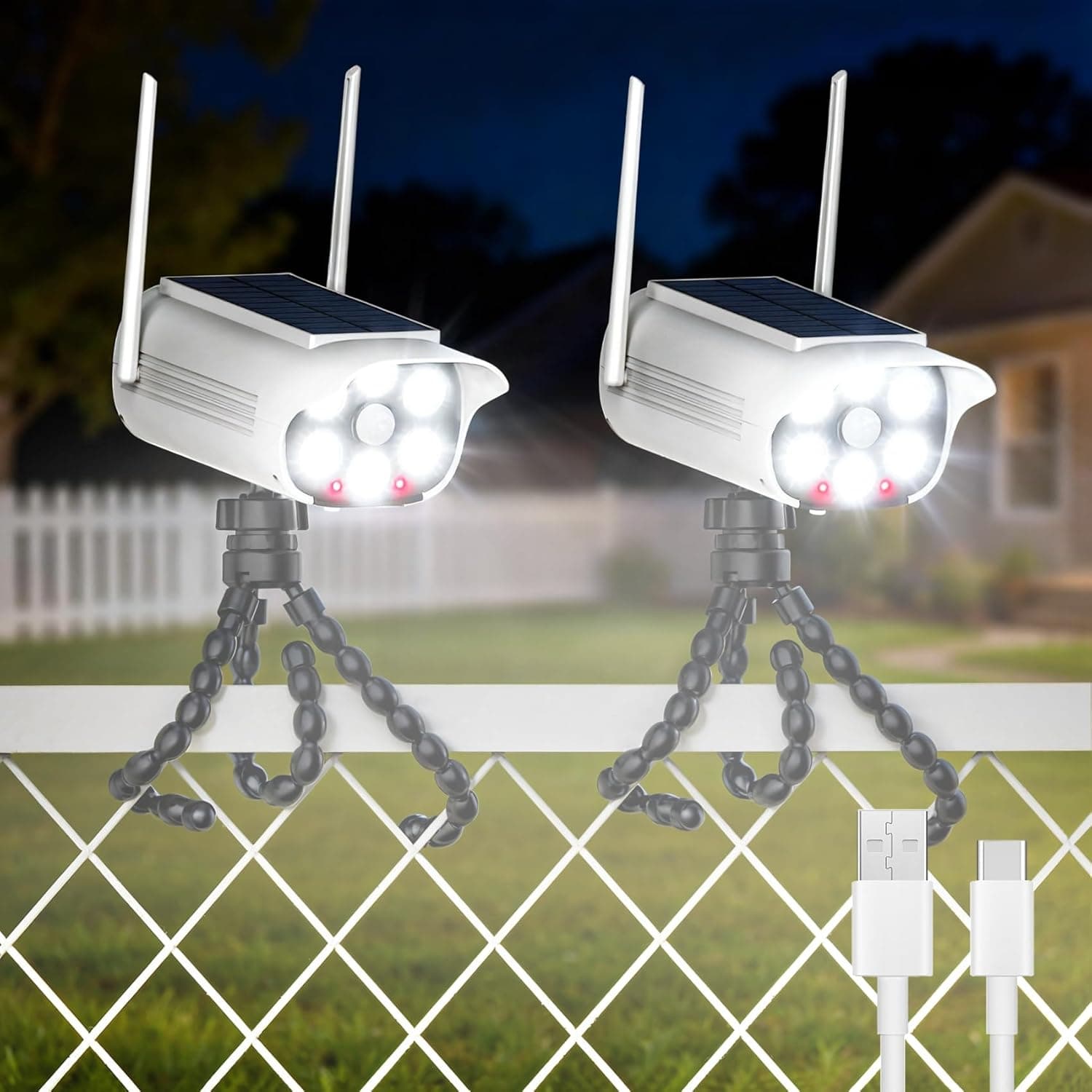 Tryme 2 Pack Fake Security Camera Solar Light with Flashing Red LED - Flexible Octopus Tripod Mount, 500 Lumen Dummy CCTV, 3 Modes Motion Sensor for Outdoor, No Drill (Solar/USB) - image 1