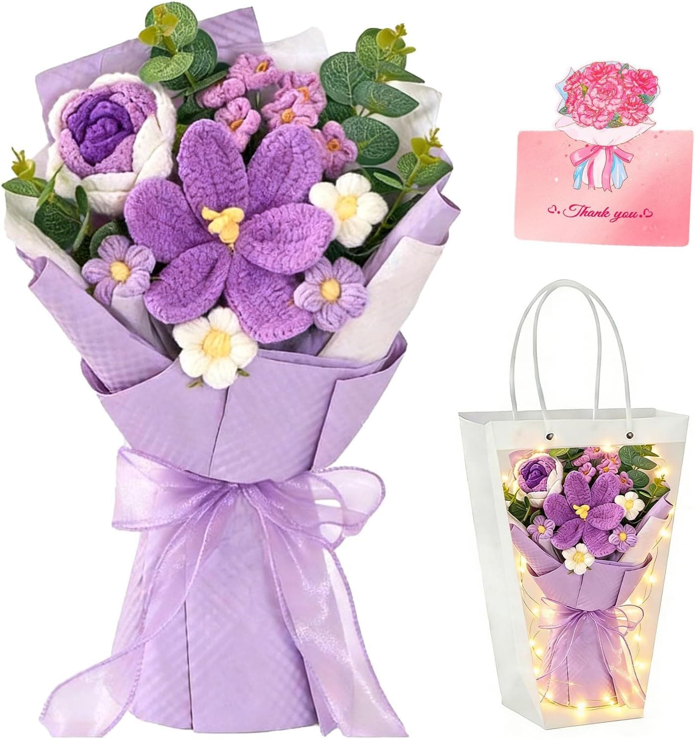 Crochet Flowers Bouquet with Lights, Knitted Flowers Bouquet with Gift Bag Card, Crochet Flowers for Home Decor, Preserved Flower Gift for Mother's Day Anniversary Graduation Birthday(Purple)