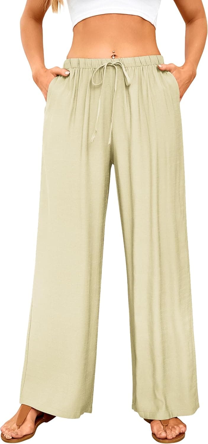 Wide Leg Linen Pants for Women Flowy Drawstring Pants Beach Vacation Casual Trouser Apricot L