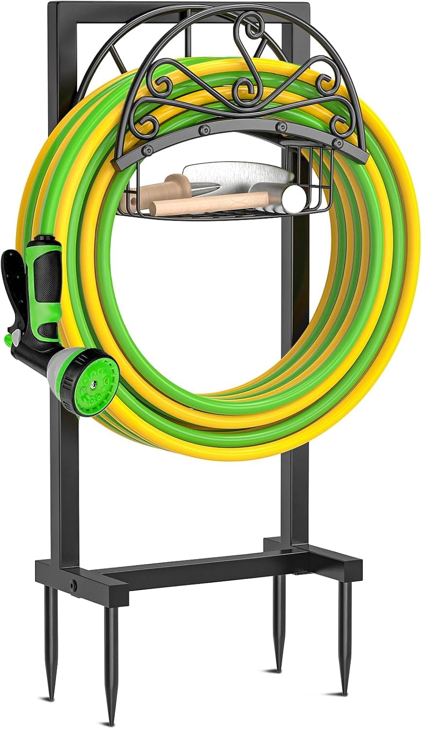 Garden Hose holder, 4-Spike Heavy Metal with Storage Basket, Swirl - image 1