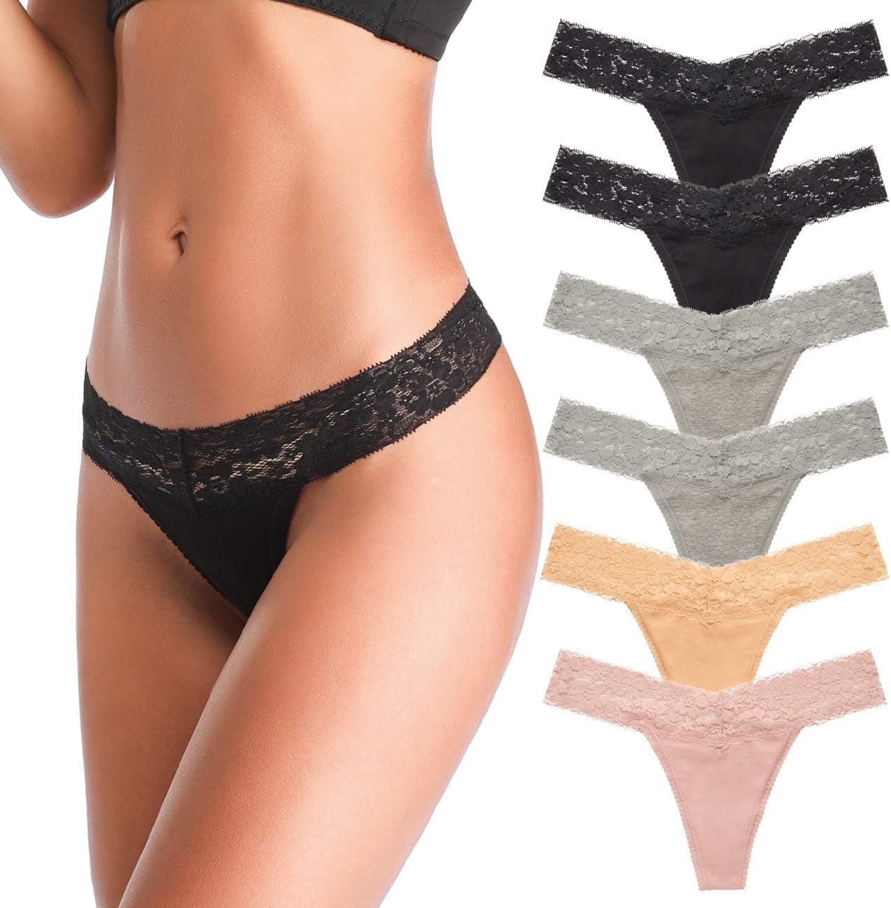 ANNYISON Women's Thongs, T Back Low Waist See Through Panties Cotton Seamless Lace Thongs for Women (6 Pack) - image 1
