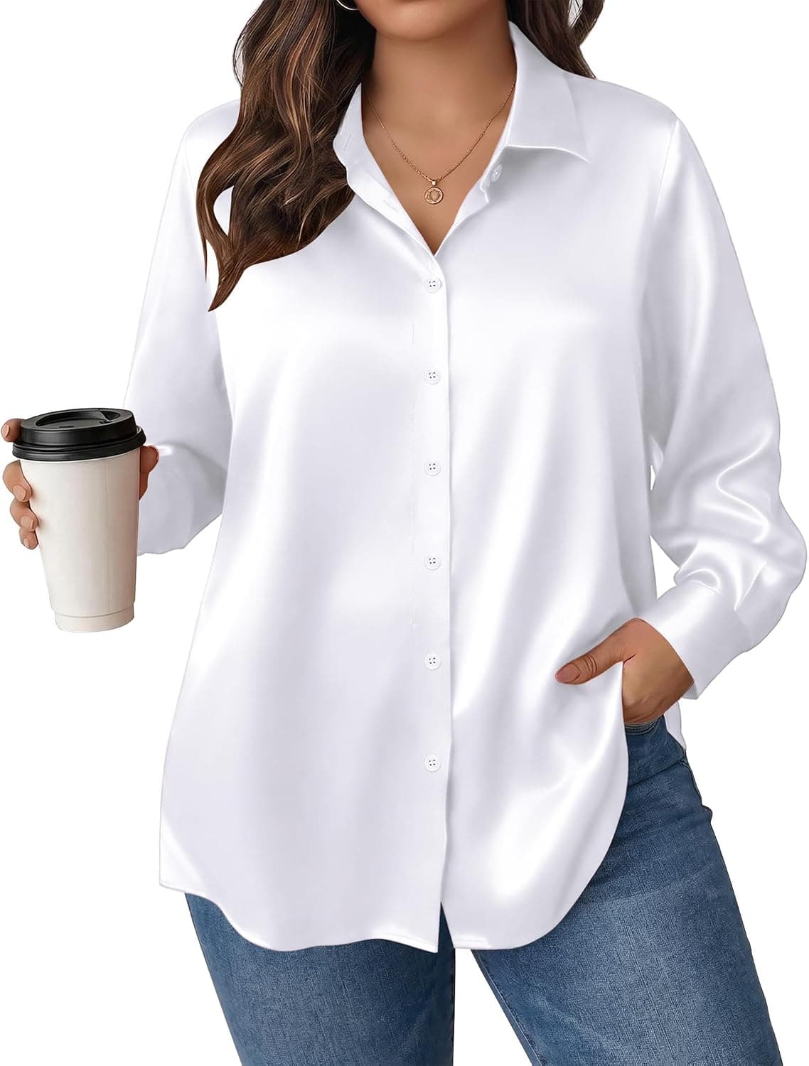 IN'VOLAND Women Plus Size Satin Blouses Long Sleeve Button Down Silk Shirts - image 1