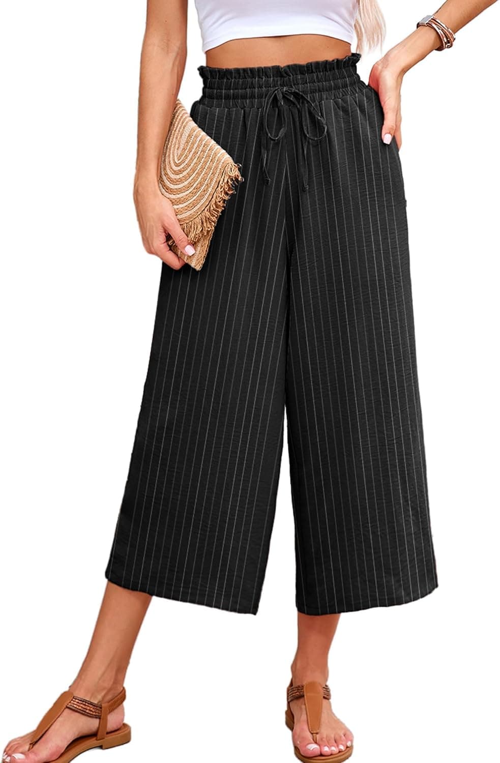 KORSIS Capri Pants for Women Wide Leg High Waisted Summer Dressy Lightweight Vacation Beach Tie Belt Trousers with Pockets