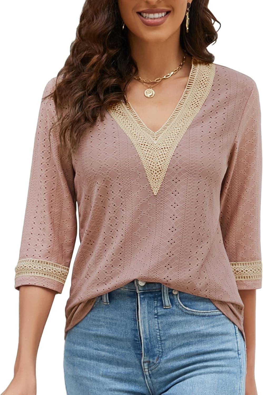 Women's Casual 3/4 Sleeve Lace V Neck Color Block Blouse - Trendy Floral Top - image 1