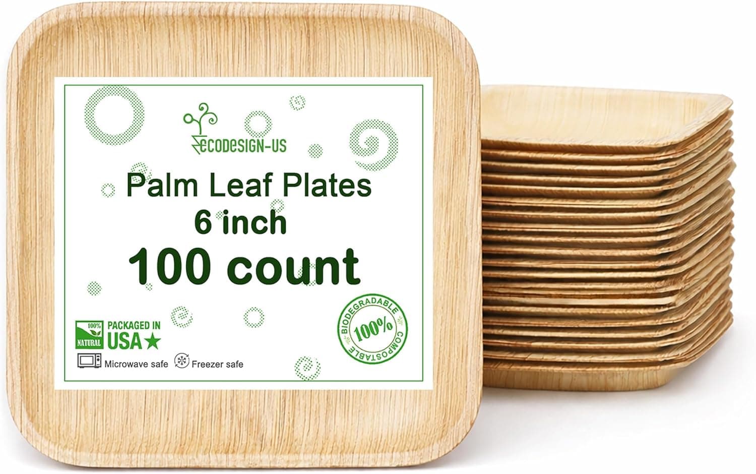 Palm Leaf Plates 100 Count - 6" Square Disposable Heavy Duty Dinnerware - Appetizer and Dessert Plates for Weddings, Catering, Parties