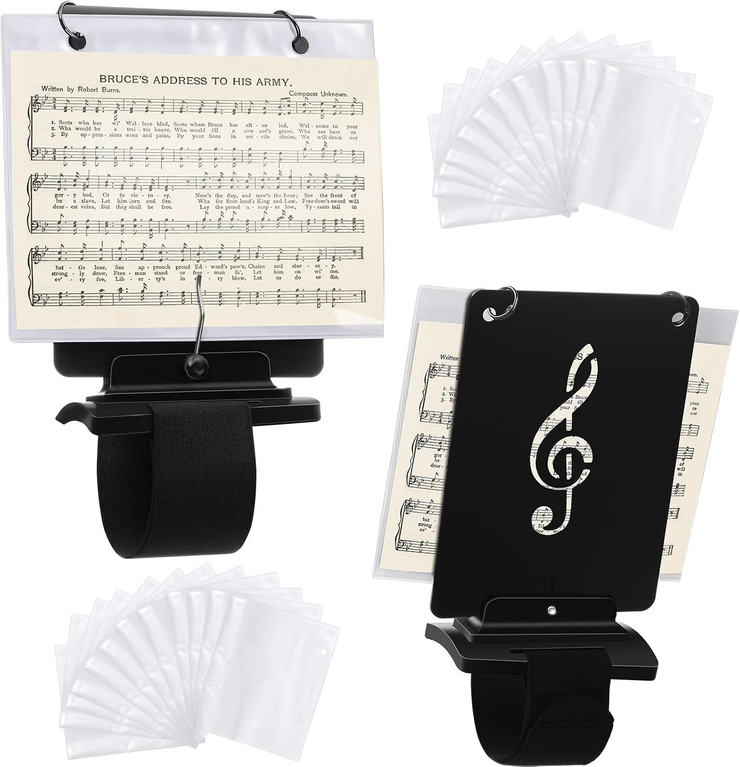 Canlierr 2 Pack Marching Flute Lyre Folder, Adjustable Marching Band Flutist Friend Include 24 Pcs 7.48 x 6.5 Inches Flip Folder Pages for Sheet Music and Flute Piccolo Player (White)