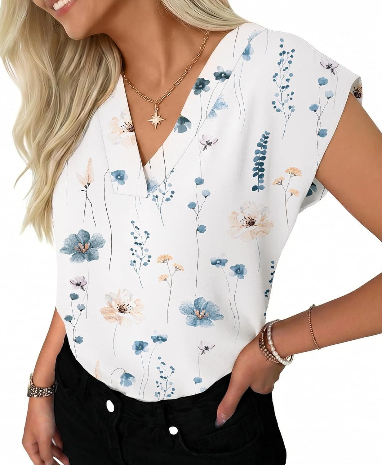 GKBK Women Tops Cap Sleeve Textured Dressy Casual V Neck Shirts 2026 Summer Business Work Blouses Outfits - image 1