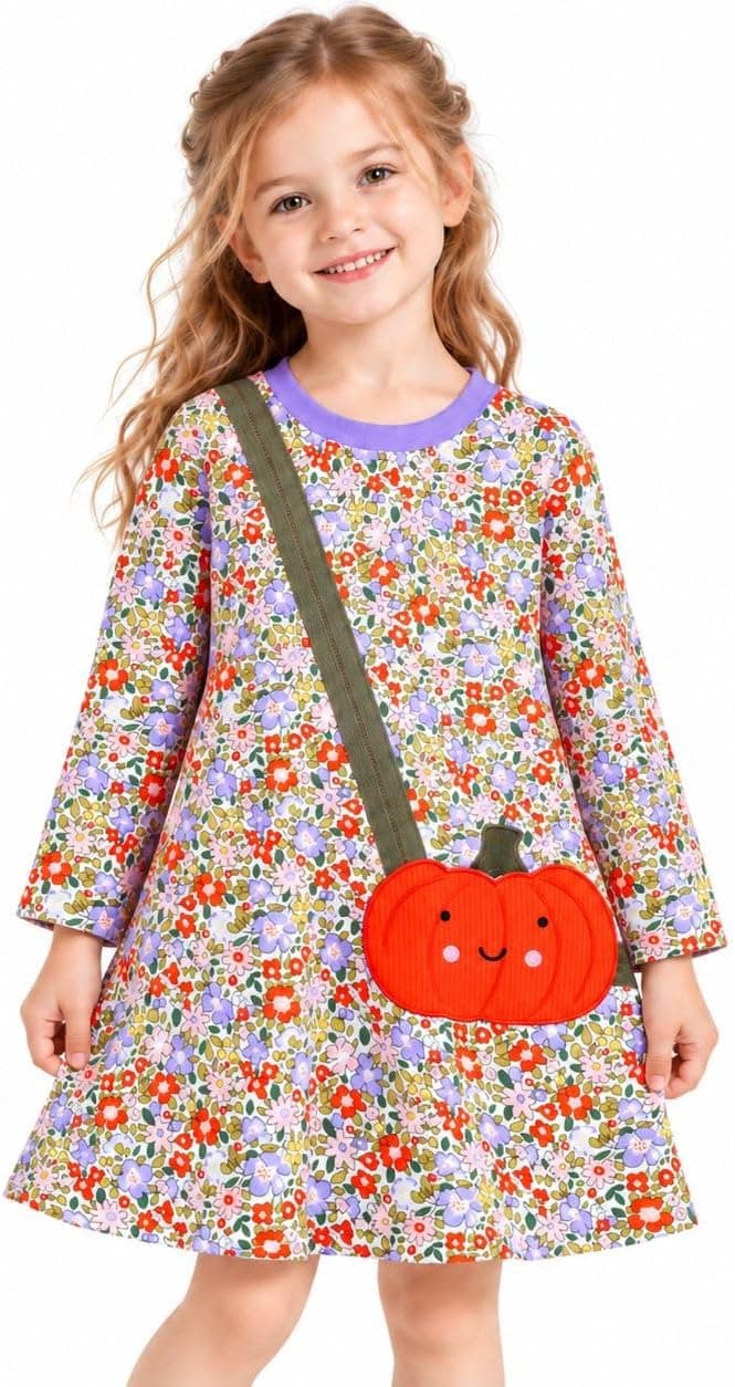 HILEELANG Toddler Girl Long Sleeve Dress Cotton Casual Jersey Shirt Playwear Applique Dress