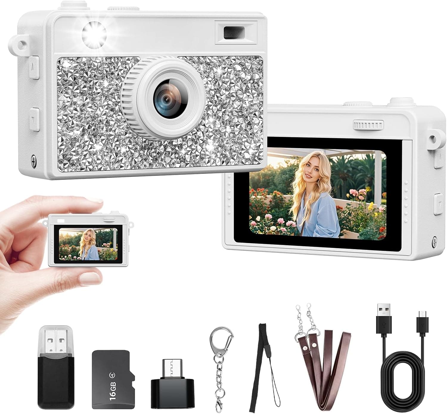 Mini Camera - 2K Mini Digital Camera with 16GB Card, Long Battery Life,Travel Vlog & Photo Shooting Anytime,Fashion Accessories, Necklace & Keychain Camera, Gifts for Friends and Women,White - image 1