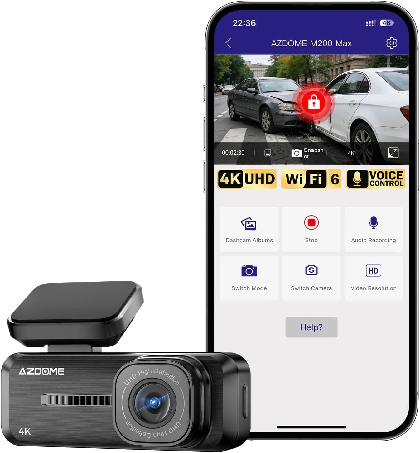 AZDOME 4K Dash Cam Front, Voice Control Dash Camera for Cars, WiFi 6 Mini Dashcam with APP Live Chat Support, Car Camera, Loop Recording, G-Sensor, 24H Parking Mode, Support 256GB Max Easy to Install - image 1