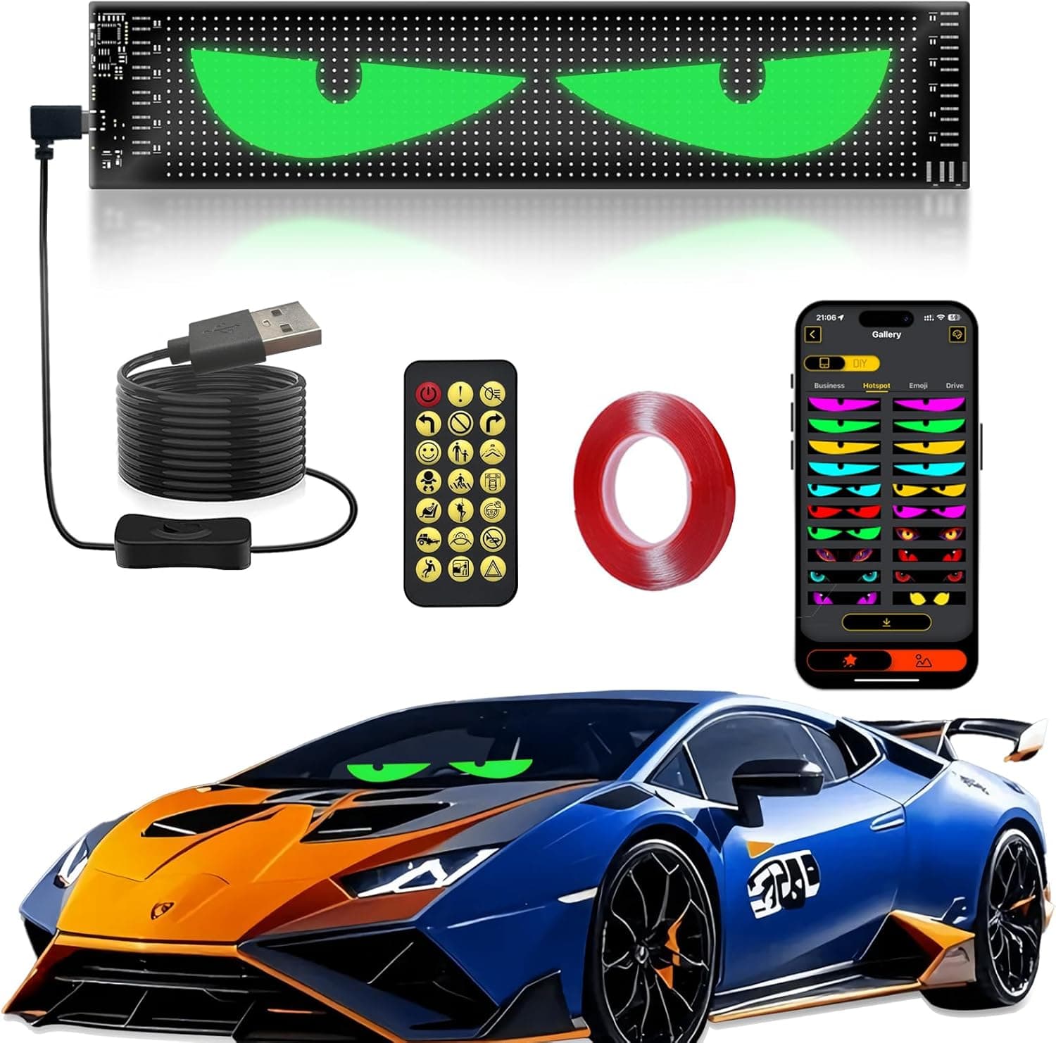 Devil Led Eyes Light for Car Windshield, 15"x4" Programmable ojos led para carro Sign, Full Color Electra Eyes for Truck, DIY Led Matrix Panel, Smart App & Remote Control