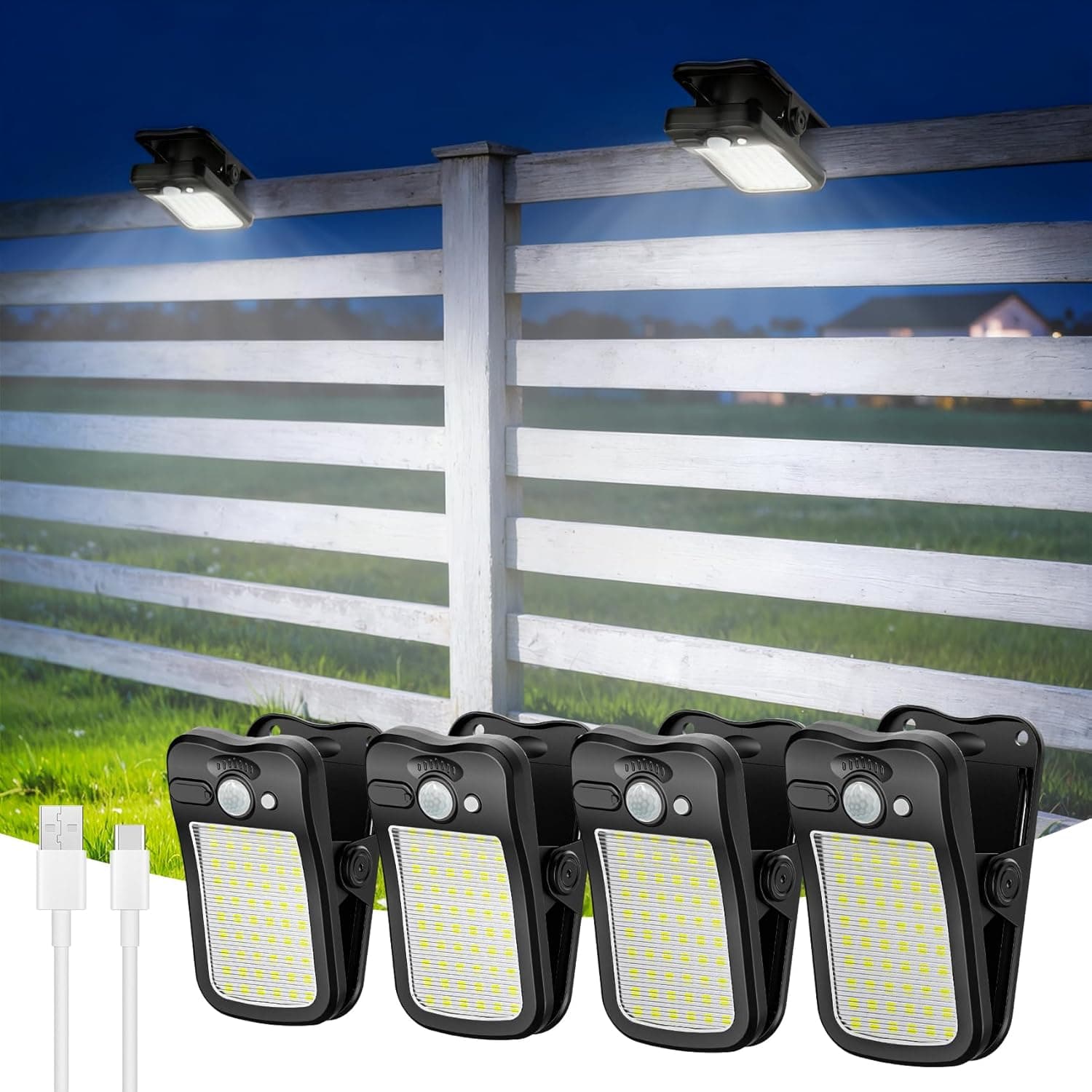 Tryme Clip on Solar Lights Outdoor Motion Sensor Lights 60 LEDs, 3 Modes, Dual Charging, Portable Waterproof Security Light for Fence, Deck, Camping, Grill (4 Pack)