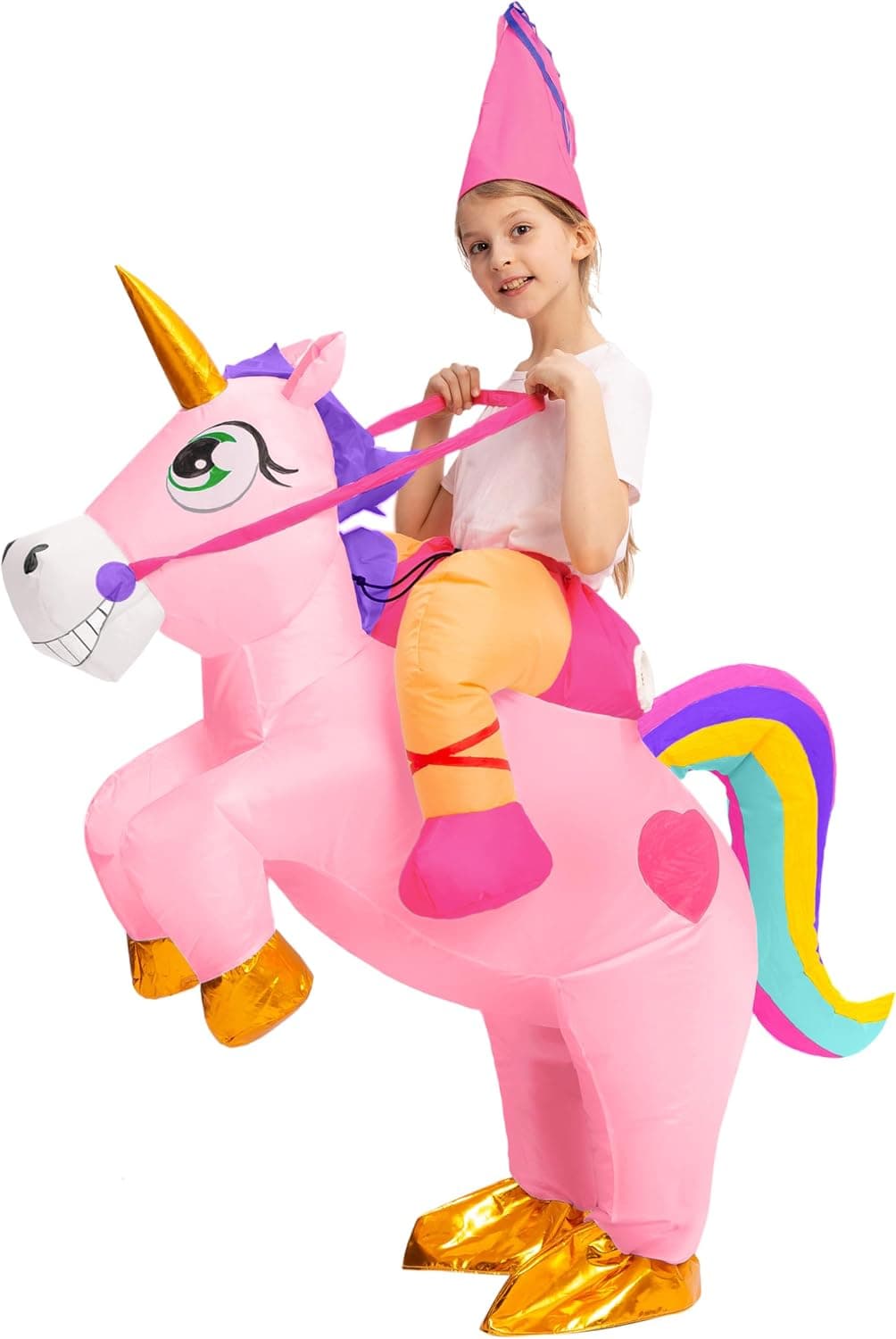 Spooktacular Creations Kids Inflatable Halloween Costume, Riding a Unicorn, Colorful Air Blow-up Set with Hat Hallowen Party
