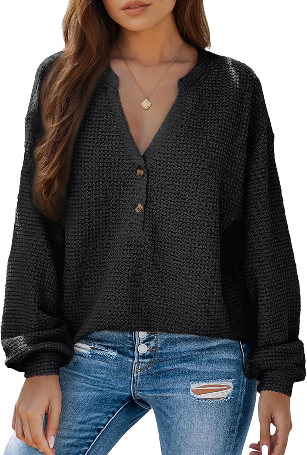 Dokotoo Womens Waffle Knit Tops 2026 Dressy Casual Button Shirts Long Sleeve V Neck Blouses Basic Tee