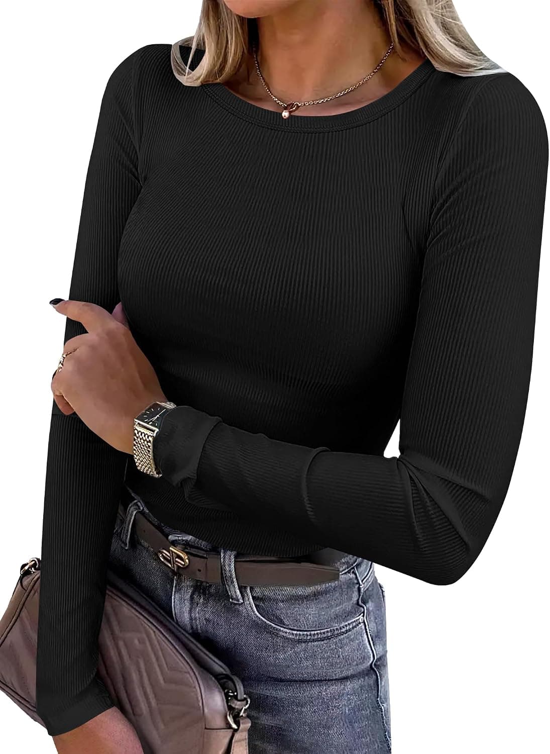 ANRABESS Women Long Sleeve Shirts Ribbed Fitted Tops - image 1