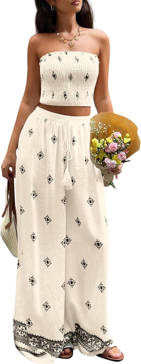 PRETTYGARDEN 2 Piece Sets for Women Summer 2026 Fashion Clothing Boho Tube Tops Wide Leg Pants Cruise Beach Vacation Outfits - image 1