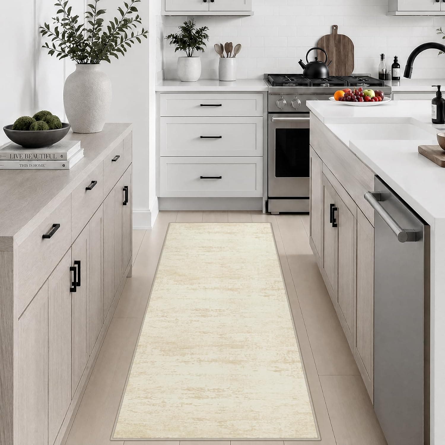 2x5 Washable Runner Rug:Modern Abstract Kitchen Soft Carpet Beige - image 1