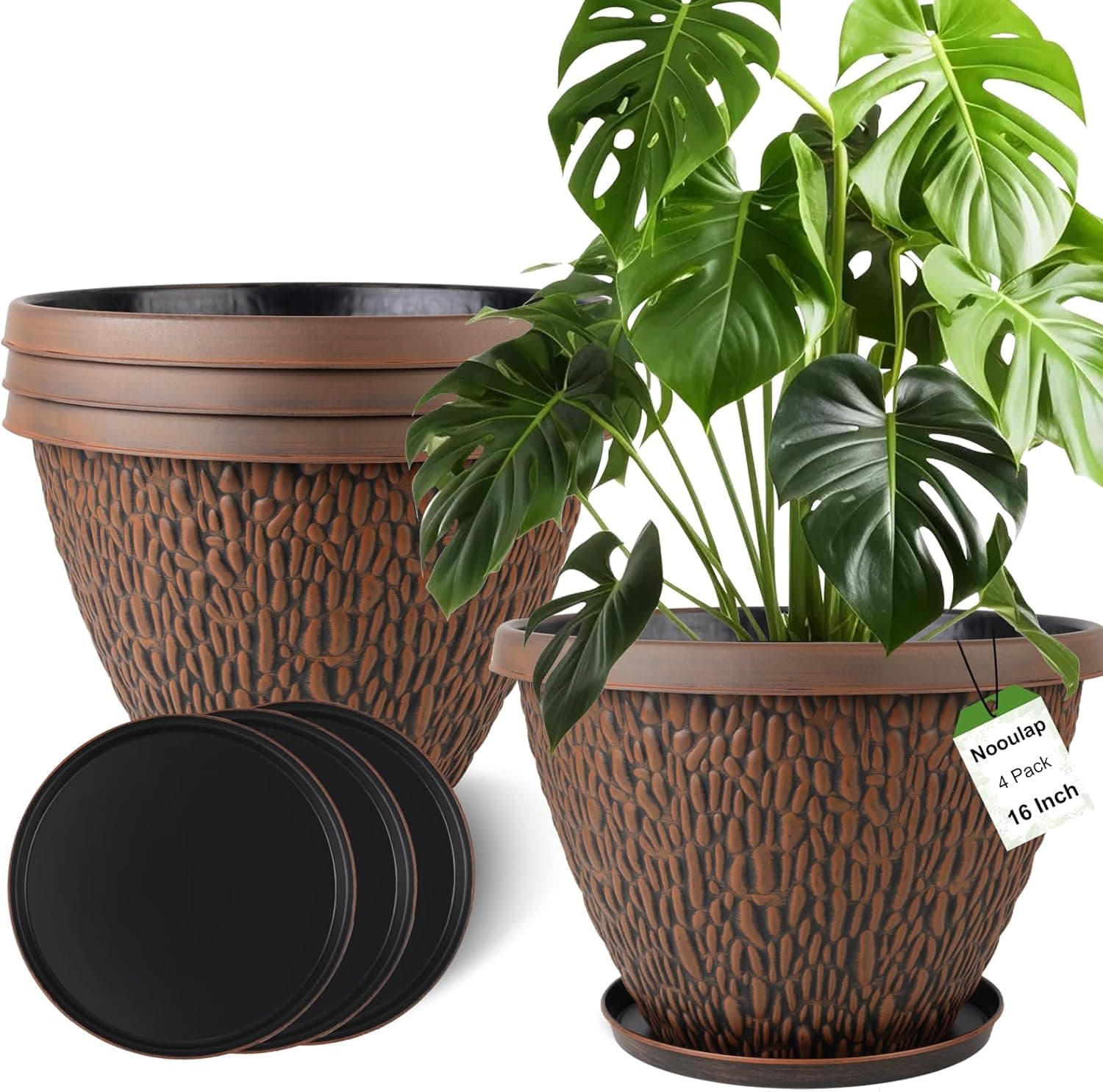 16 Inch Large Outdoor Plant Pots - 4 Pack Pebble Pattern Flower Planters for Garden Porch