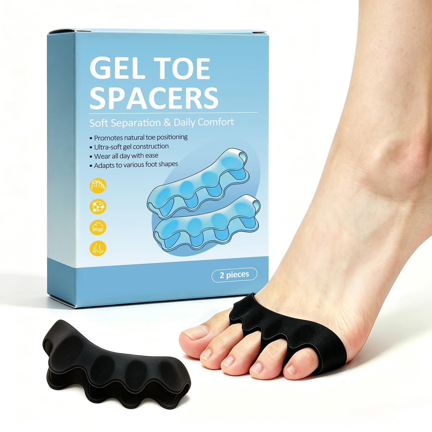 Toe Separators & Toe Spacers for Women Men โ Premium Silicone Toe Straightener for Bunion, Hammertoe, Overlapping Toes โ Used for Walking, Running & Yoga โ 2 Pairs Black (Regular Size)