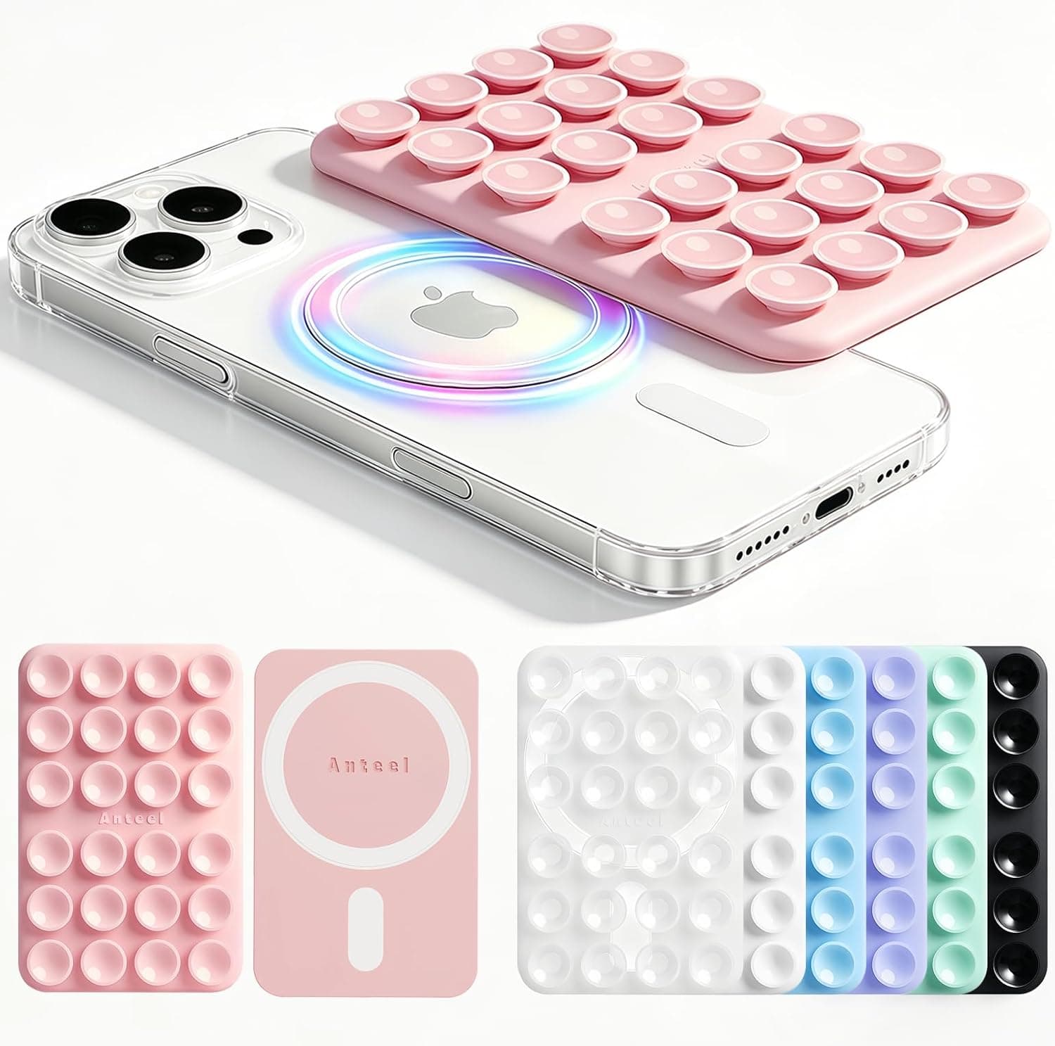 Anteel 2026 Upgraded Magnetic Suction Phone Mount for MagSafe Case, Removable Silicone Grip Phone Holder for iPhone 13/14/15/16/17, Hands-Free Selfie/Video for TikTok Creator/Influencer (Chalk Pink)