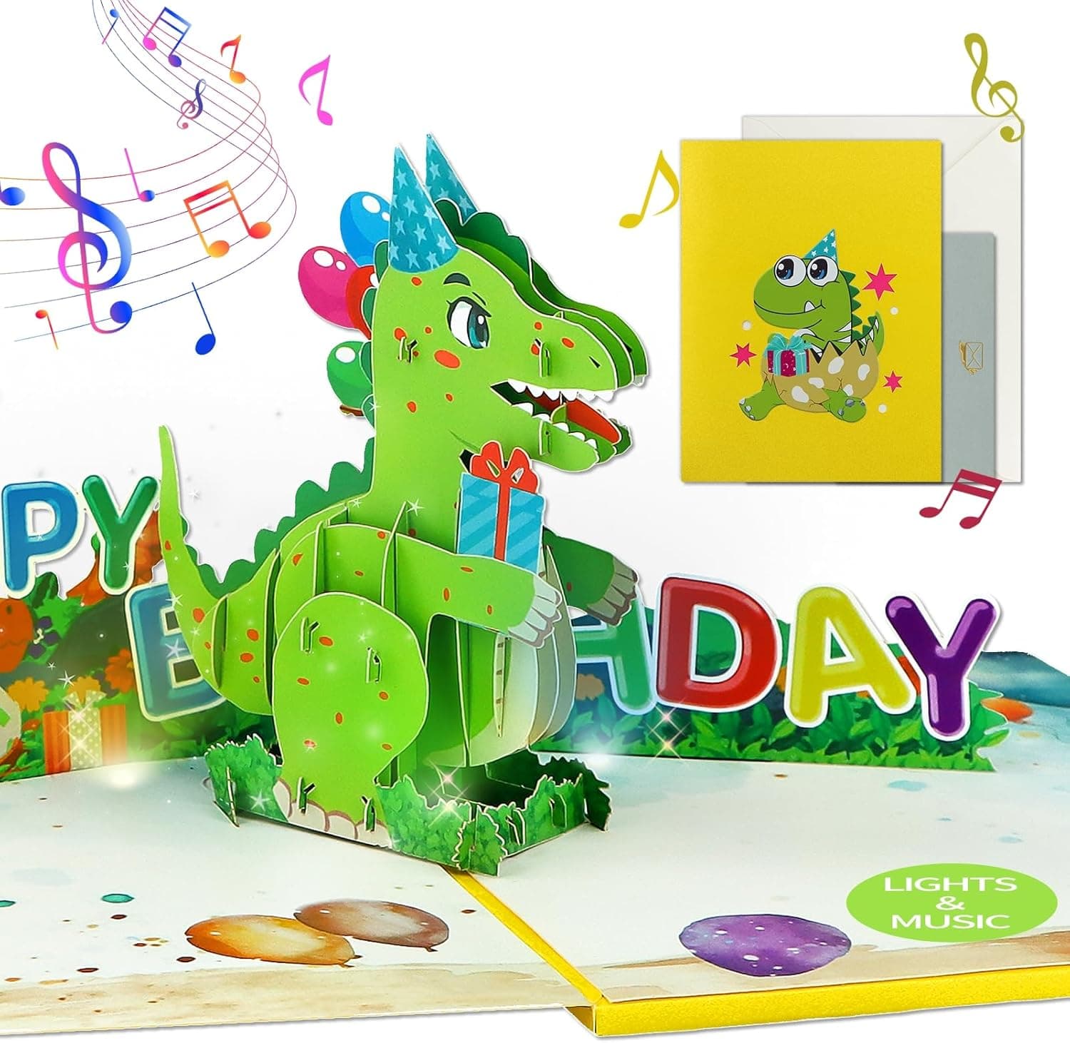 FaCraft Dinosaur Musical Birthday Cards for Kids - Music & Light 3D T-Rex Handmade Pop Up Birthday Cards with Pearl Envelope, Blank Insert, Seal for Boy Girl Son Grandson Toddler Nephew 1-10 Year Old