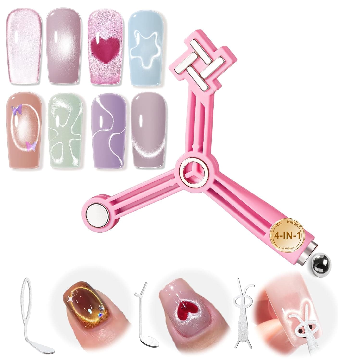 Modelones Gel Polish Cat Eye Magnet for Nails, 5 PCS Nail Magnet Tool Set for Cateye Gel Polish, 4-in-1 Cat Eye Nail Magnet with Magnetic Bead, Heart, Bunny &Circle Cat Eye Magnets for DIY Nail Art - image 1