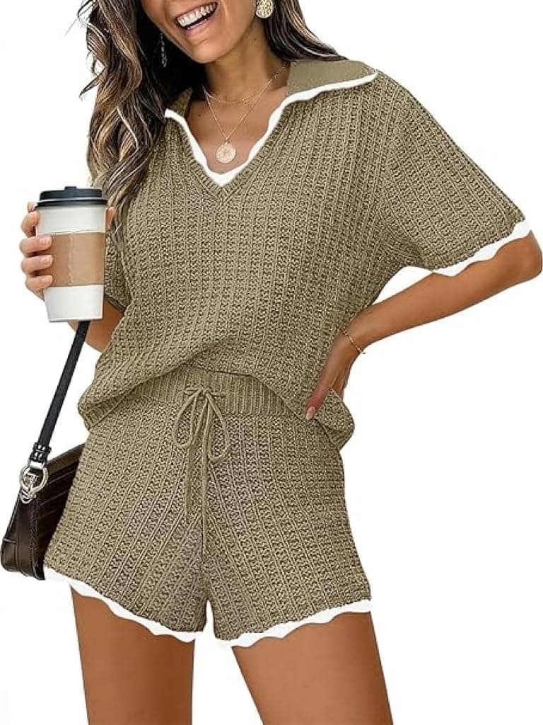 Tankaneo Womens Sweater Set 2 Piece Outfits Lapel V Neck Short Sleeve Knit Tops Summer Shorts Lounge Sets