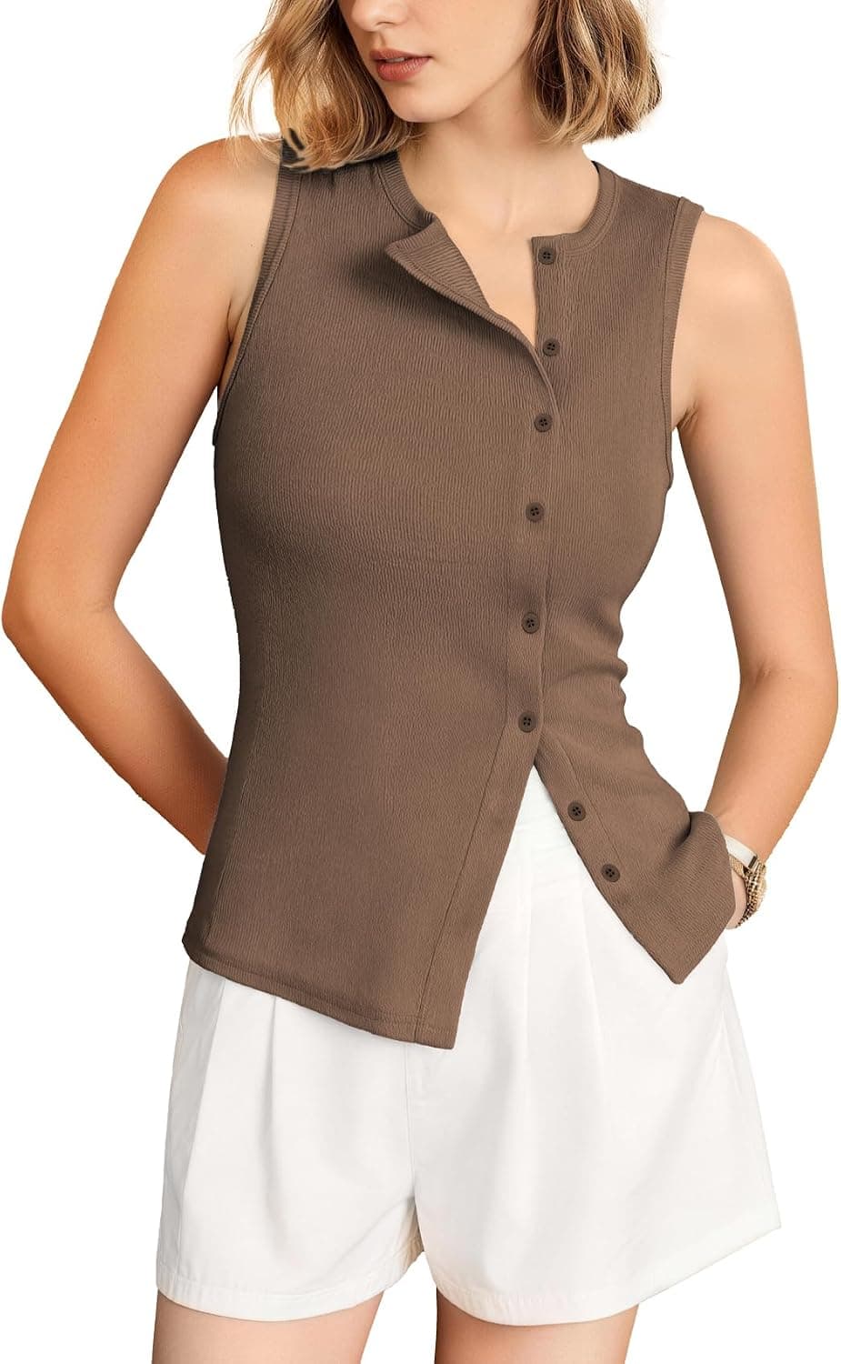 Outfeel Women's Asymmetric Button Down Tank Top - Cute Casual Ribbed Knit, Form-Fitting Slim Fit Sleeveless Cami Summer Top