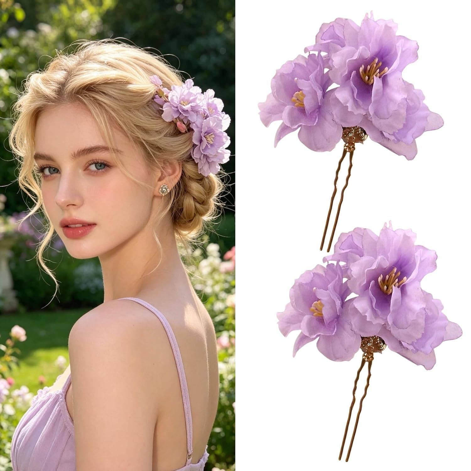 Floral U-Shaped Hair Pins for Women 2 Pack Boho Artificial lily of the valley Flower Hairpins for Updo Bun Bridal Wedding Beach Seaside Party Hair Accessories (Purple)
