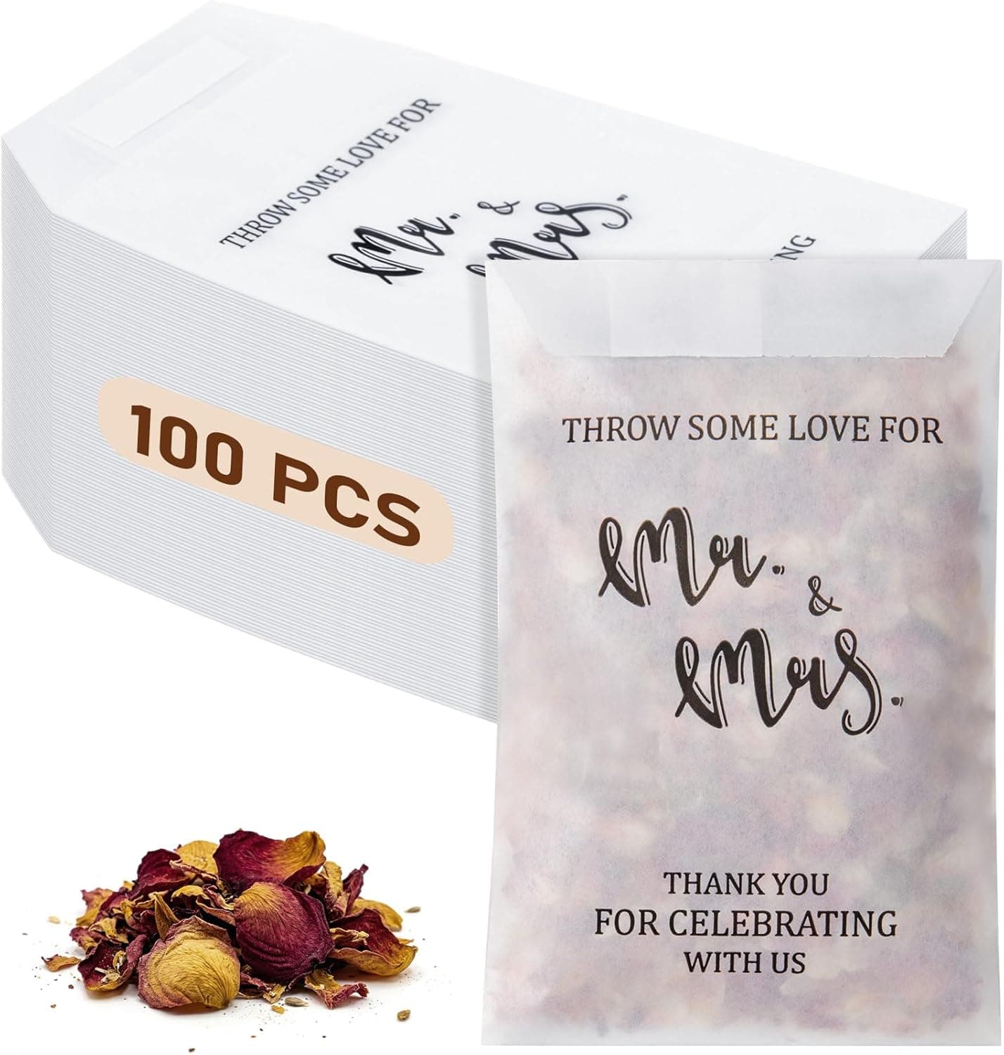 100 Pcs Wedding Confetti Bags, 2.8" x 5" Throw Flower Petal Packets Semi-transparent Glassine Waxed Paper Treat Bags for Wedding Toss, Party Decor(Mr. & Ms.)