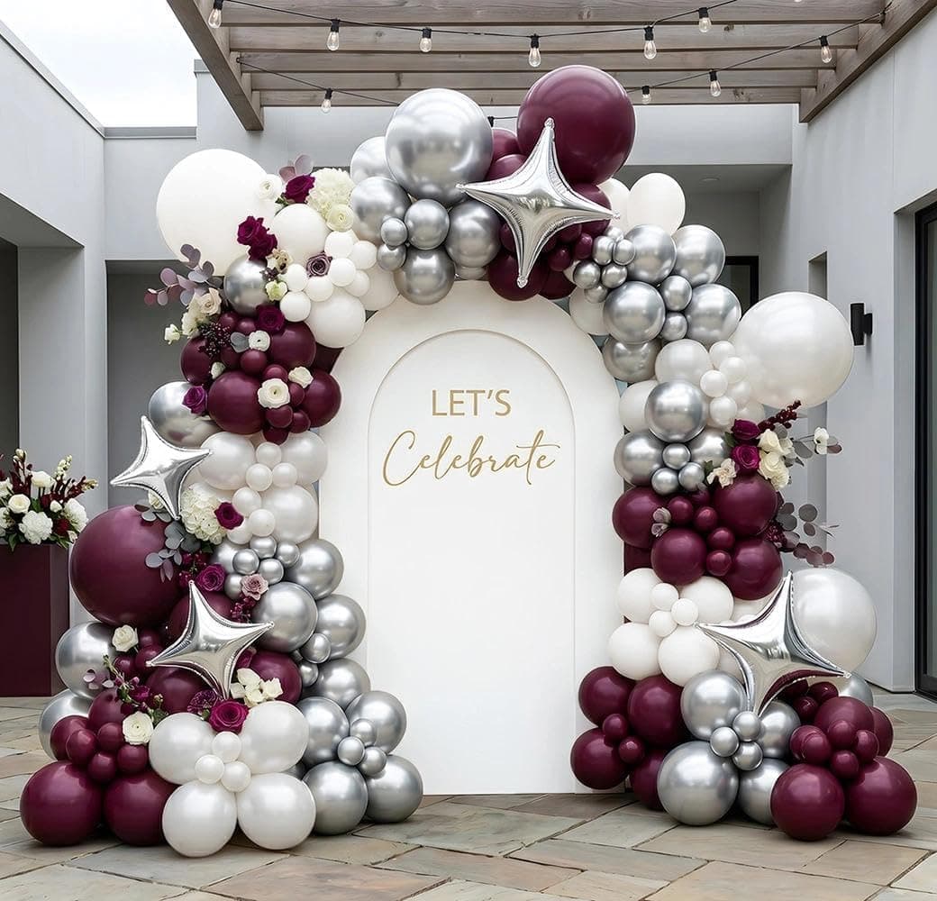 Double Stuffed Burgundy & Pearl White Balloon Arch Garland Kit, Dark Plum Purple Balloons with Silver Foil Stars for Graduation,Wedding,Bridal,Baby Shower,Birthday,Prom,Bachelorette Party