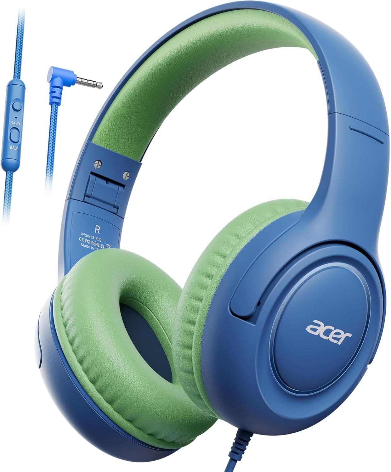 acer Kids Headphones - Over-Ear 85/94dB Volume Limiter, 3.5mm Jack Foldable Stereo Sound Headset for Toddlers Girls Boys Travel Learning Entertainment Tablet Kindle iPad PC Blue Green, HK03 - image 1