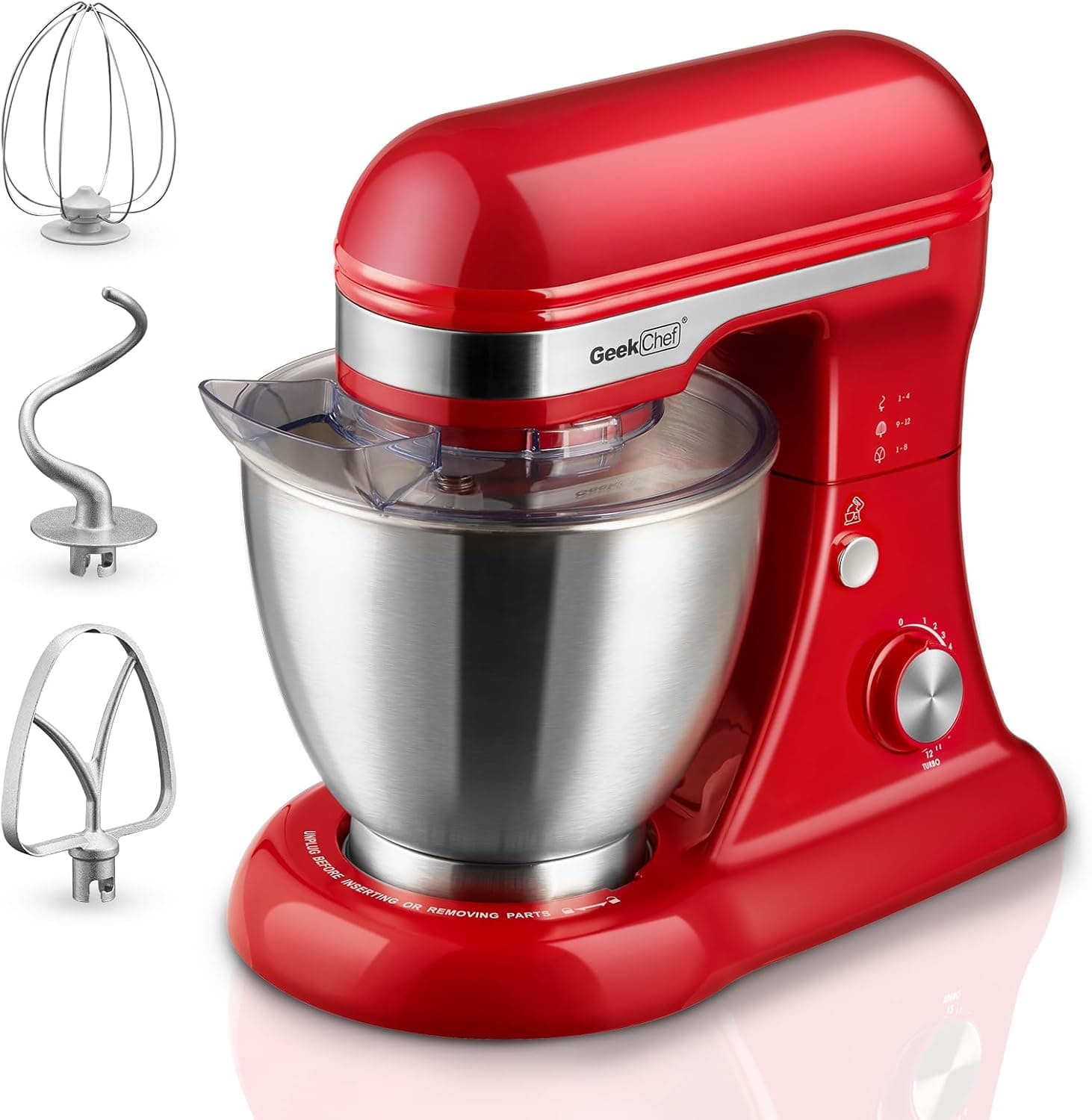 Geek Chef Electric Stand Mixer, 4.8QT 12 Speeds Tilt-head Food Mixer with Dough Hook, Whisk, Beater, Bowl, Rotary Knob for Home Kitchen Use, Bright Red