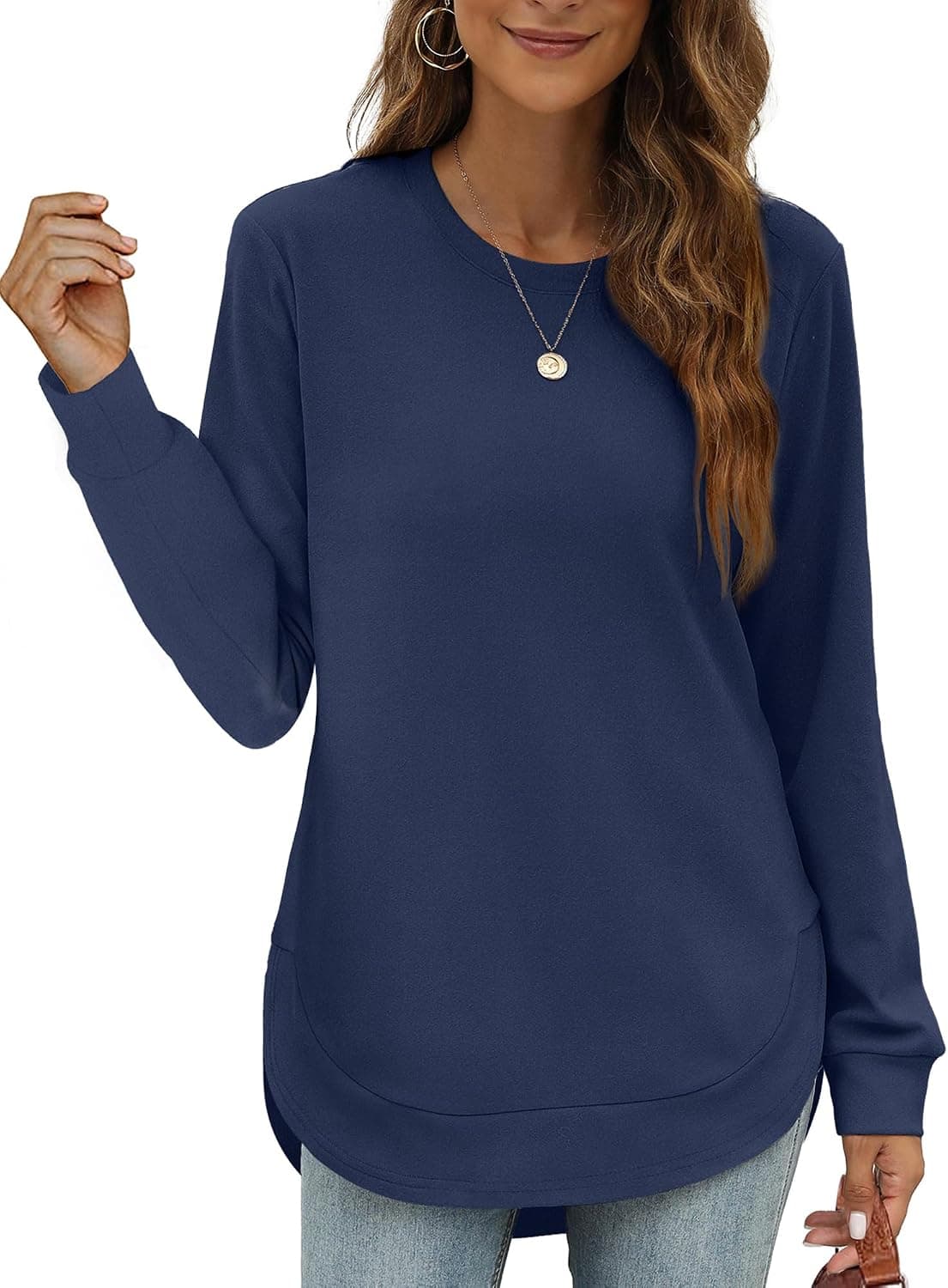 OFEEFAN Womens Sweatshirt Crewneck Long Sleeve Shirts High Low Tops Curved Hem