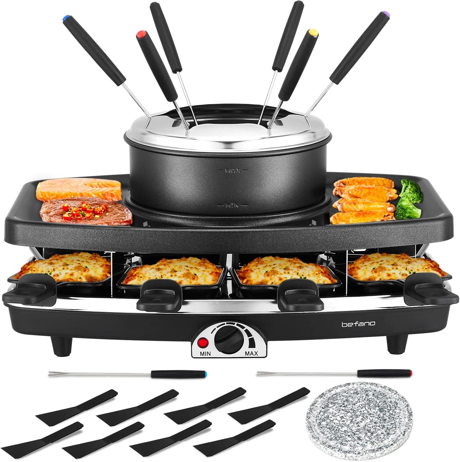 Electric Raclette BBQ Grill with Fondue Pot Sets, Portable Korean Table Grill Electric Indoor Cheese Raclette, Dual Adjustable Thermostats, 8 People Serve Perfect for Parties and Family Fun - image 1