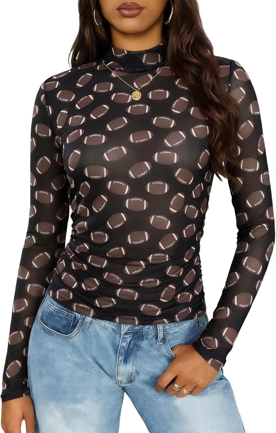 Women's Football Mesh Tops Long Sleeve Sheer Football Shirts Game Day Shirt Sheer See Through Top Blouse
