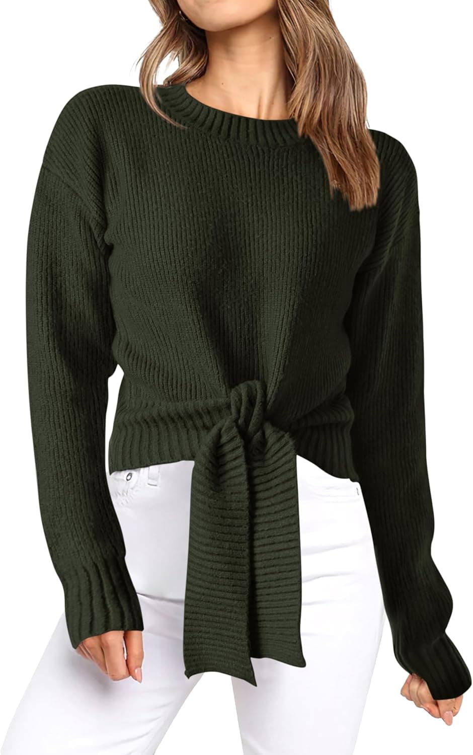 Okiwam Women's Long Sleeve Cropped Sweaters Casual Knit Pullover Tie Front Crew Neck Fall Outfits Spring Fashion Clothes 2026 - image 1