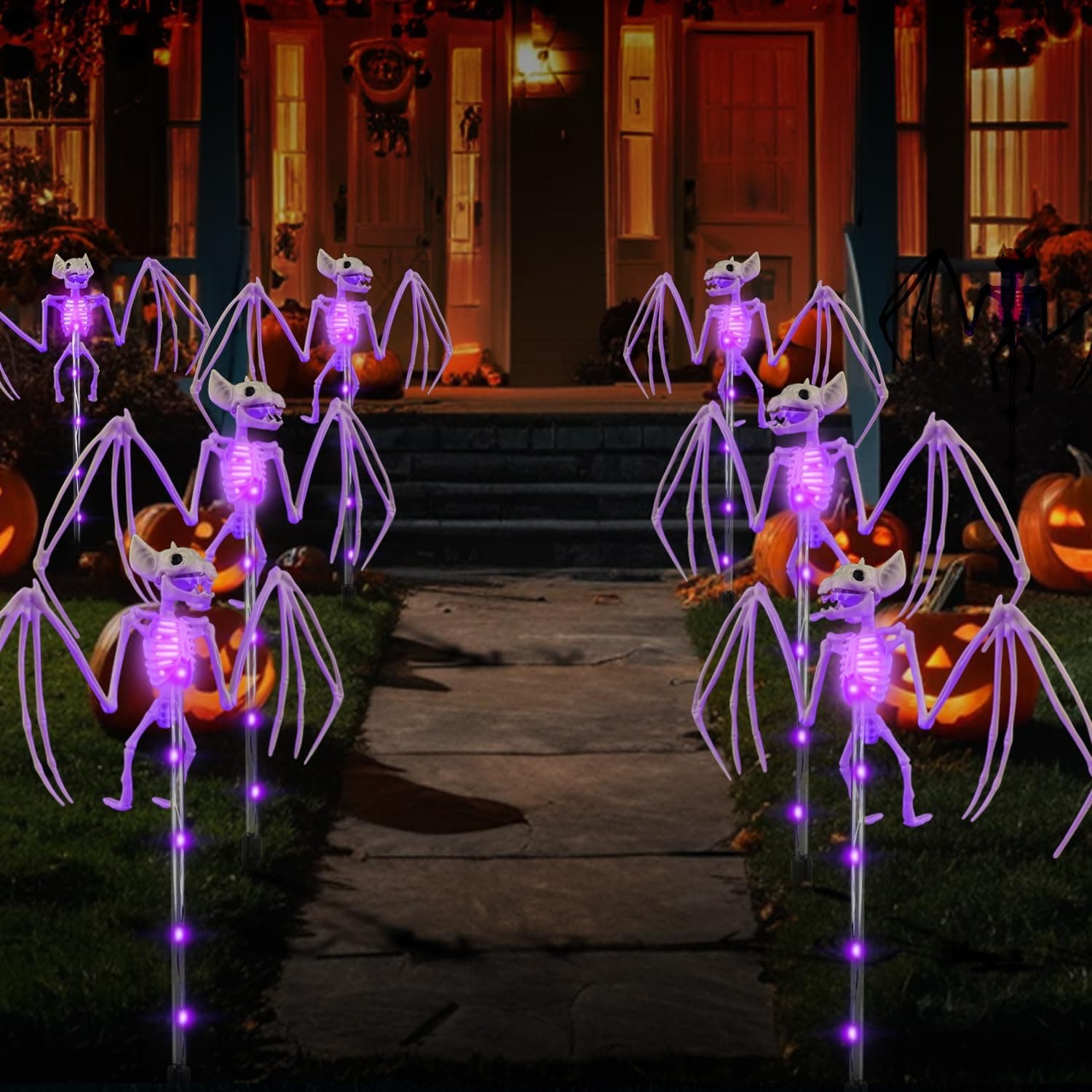 Halloween Decorations Outdoor Solar Garden Lights, 2PCS Set of 3D Scary Bat Realistic Skeleton Outside Decor, Solar Creepy Bats Path Lights for Grave/Yard/House/Halloween Party Gifts Purple