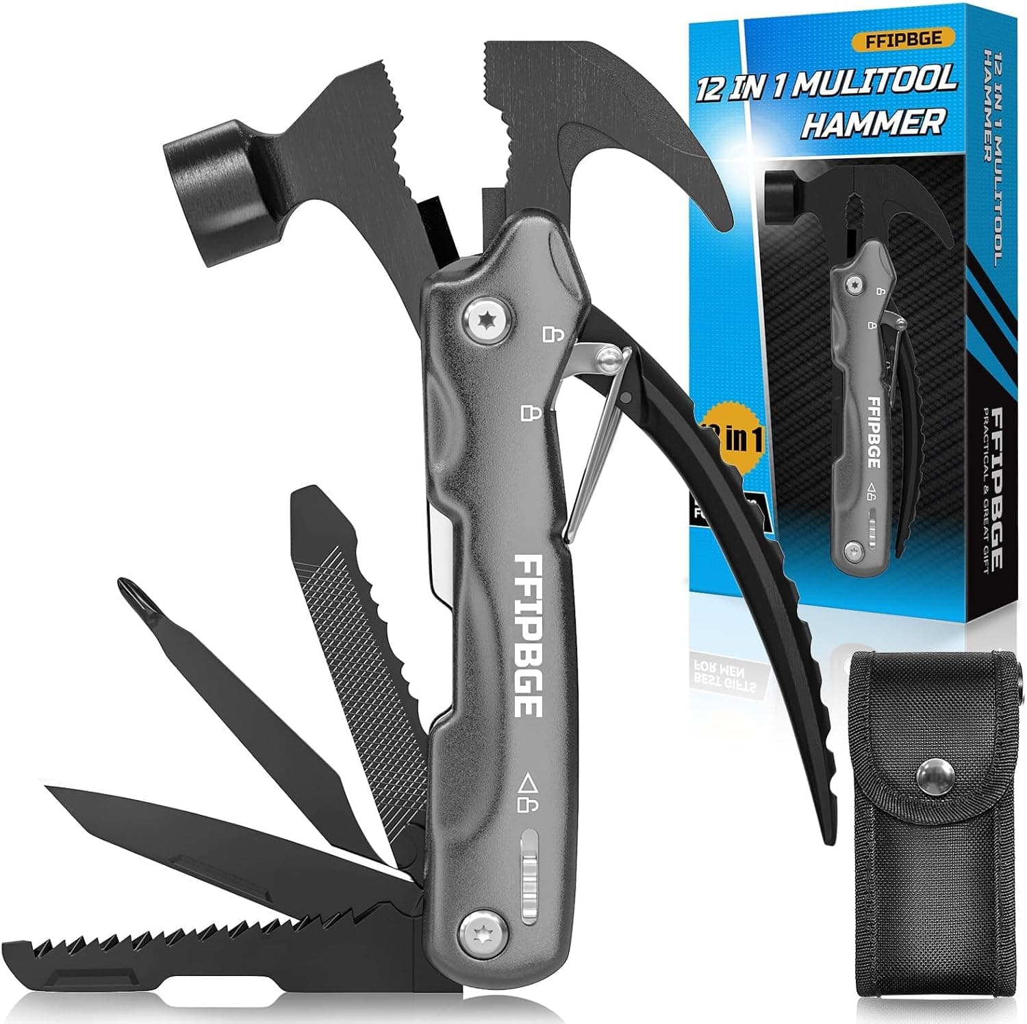 12 in 1 Hammer Multitool, Caming Mulititool with Screwdriver, Safety Lock and Durable Nylon Sheath, Christmas Stocking Stuffers for Men Adults, Birthday Gifts Survival Tools for Him, Dad, Grey