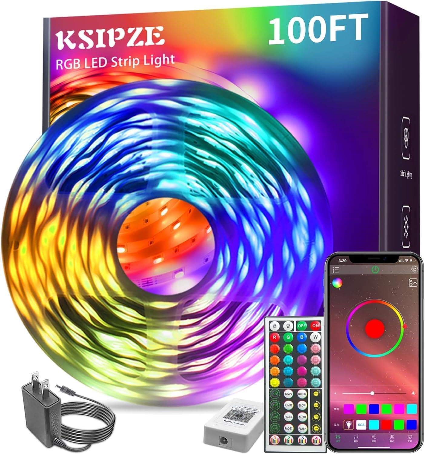 KSIPZE 100ft Led Strip Lights RGB Music Sync Color Changing Led Lights with Smart App Control Remote Led Lights for Bedroom Room Lighting Flexible Home Décor - image 1