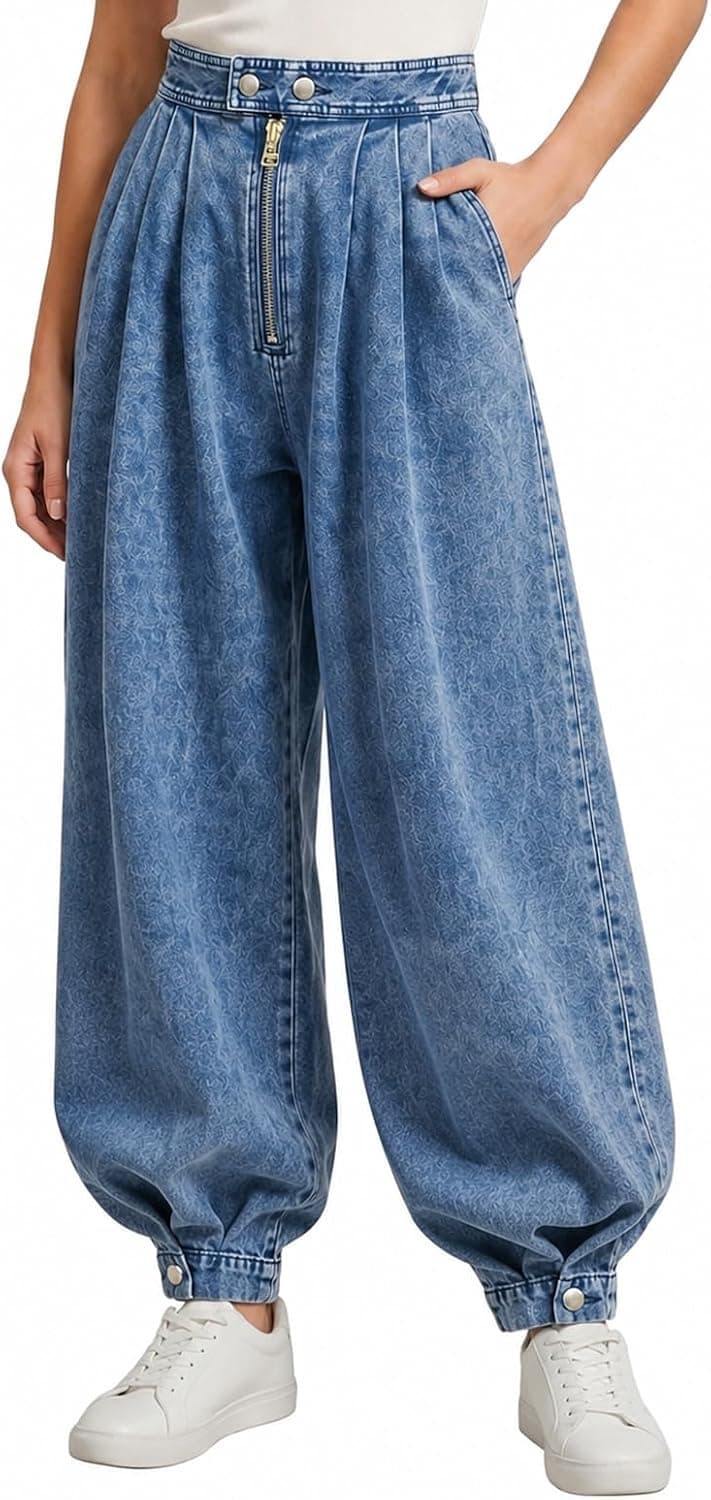 Baggy Harem Jeans Women Elastic Waist Wide Leg Denim Pants Zipper Front Adjustable Button Leg Trousers