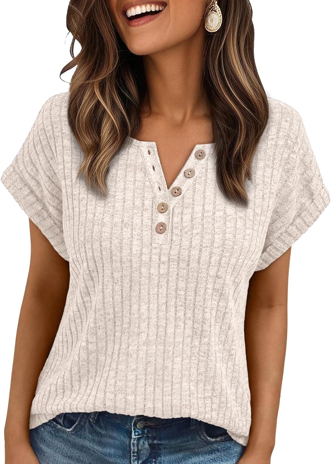AUTOMET Women Tops Summer Sweaters Short Sleeve V Neck Henley Shirts Dressy Button Blouses - image 1