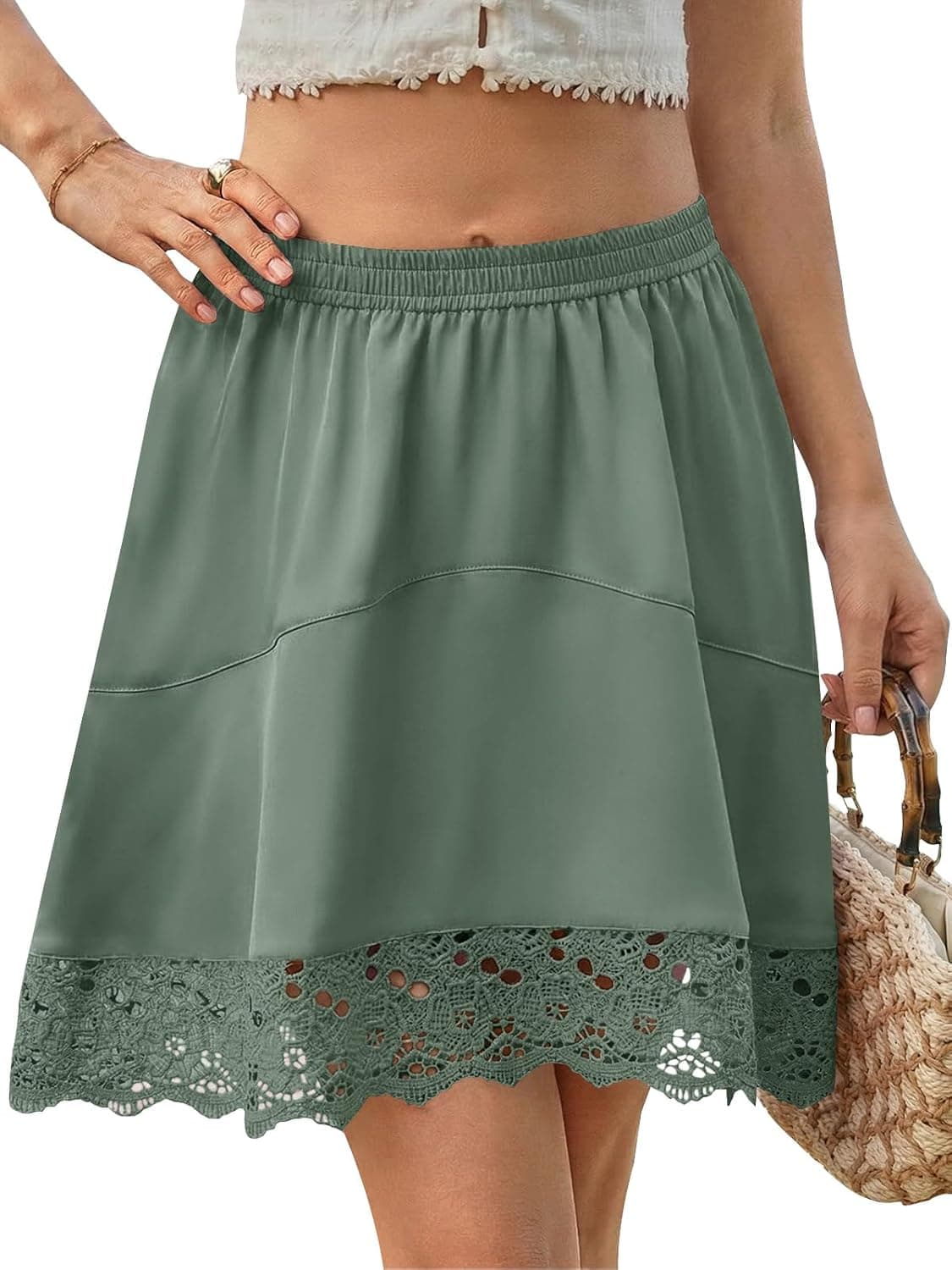 Womens Summer Mini Skirts Y2K Lace Trim Skirt Casual High Waisted Satin Silk Flowy Going Out Beach Short Skirt - image 1