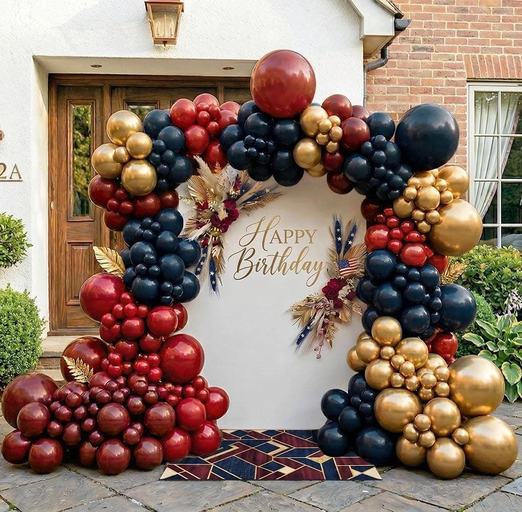 Double Stuffed Red and Blue Balloon Arch Garland Kit, Dark Blue Burgundy Ruby Red Gold Latex Balloons for Graduation,4th of July,Patriotic,Memorial Day,Class of 2026,Birthday Party