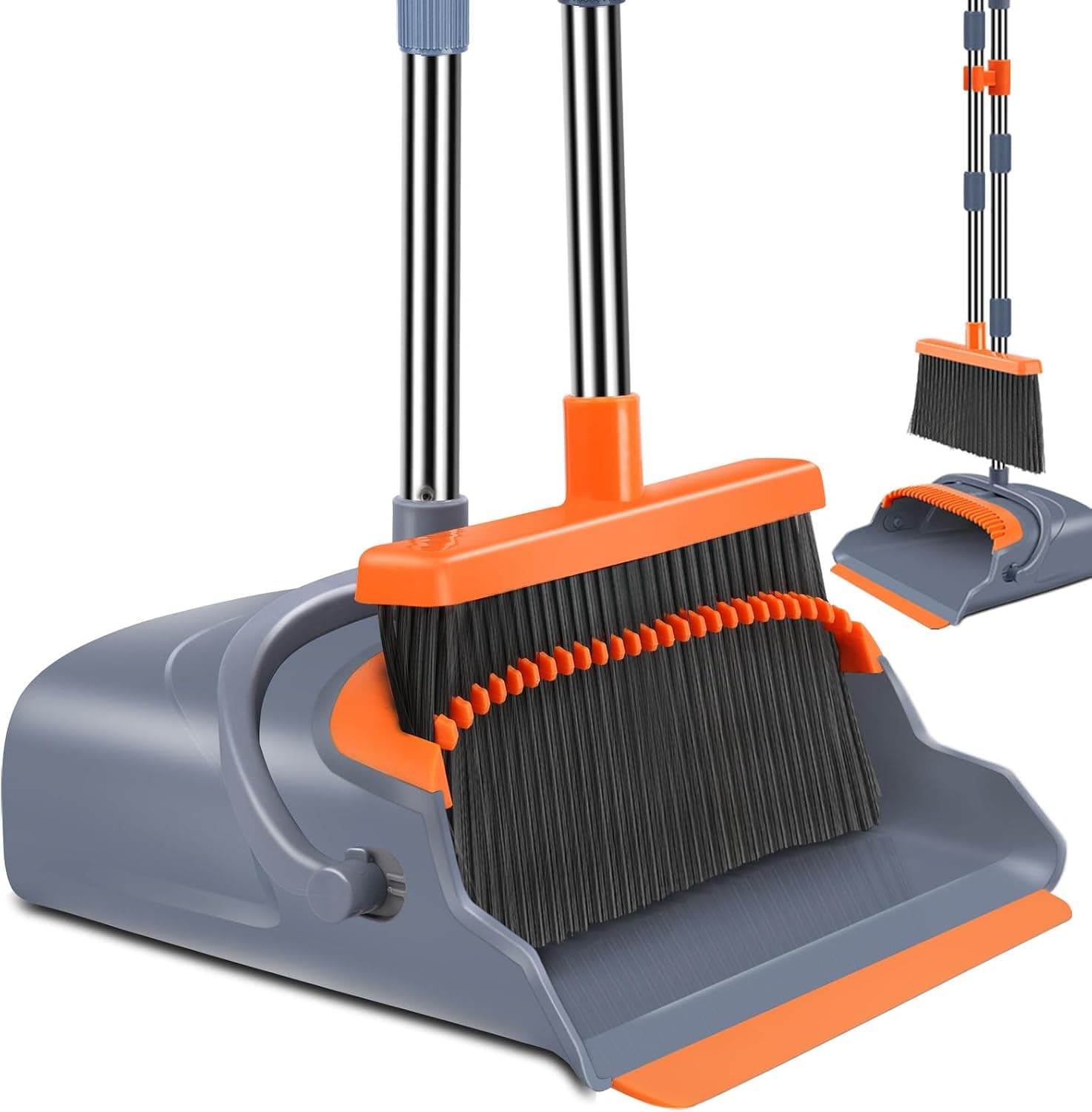 Upgrade Broom and Dustpan Set, Self-Cleaning with Dustpan Teeth, Indoor&Outdoor Sweeping, Ideal for Dog Cat Pets Home Use, Stand Up Broom and Dustpan (Gray&Orange) - image 1
